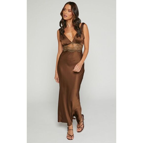 ✨JULIET MIDI DRESS - V NECK LACE INSERT SATIN SLIP SZ 6 DRESS IN CHOCOLATE✨ - Picture 3 of 13